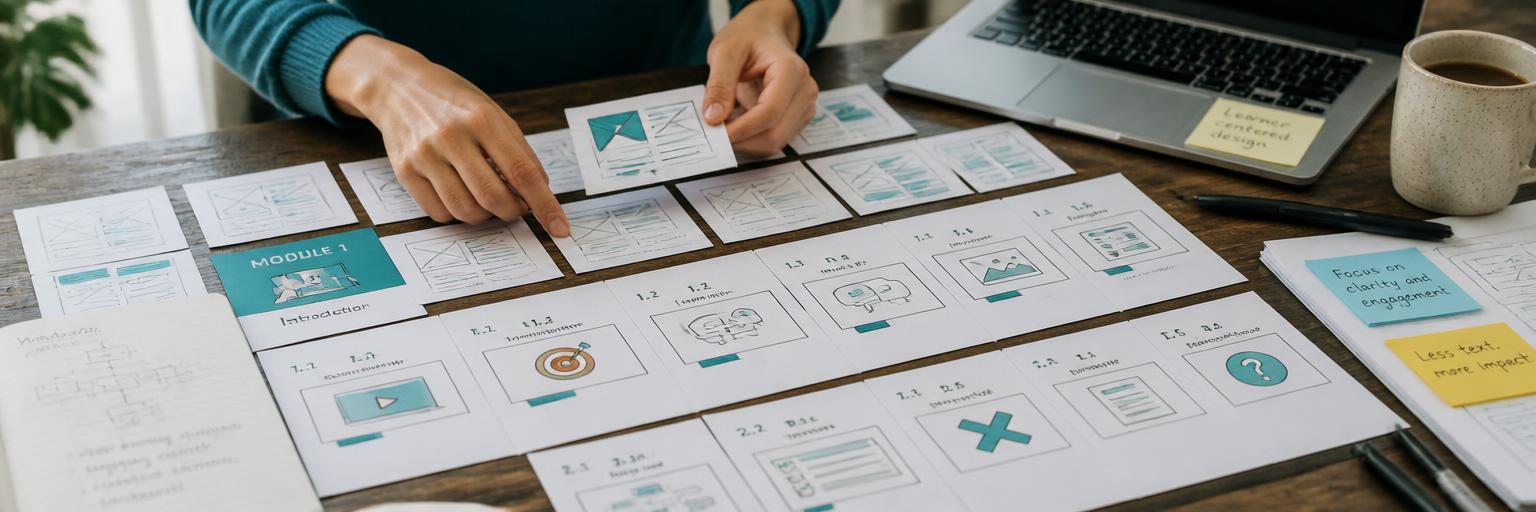 hands arranging course storyboards and wireframes