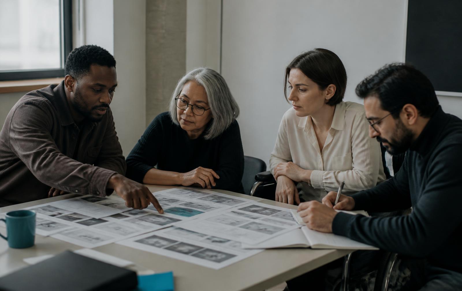 a diverse team of four colleagues reviewing printed course storyboards spread across a table